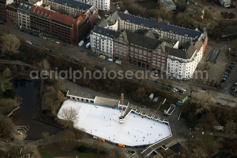 Hamburg from above - Wintry white shining ice covering the EisArena Hamburg on Holstenwall in the district Sankt Pauli in Hamburg, Germany