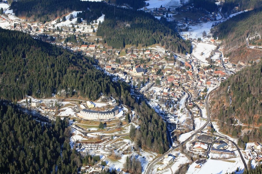 Todtmoos from above - Town View of Todtmoos in the state of Baden-Wuerttemberg in the wintertime. The recreation area lies in the Black Forest and is known by the anual dog sled races