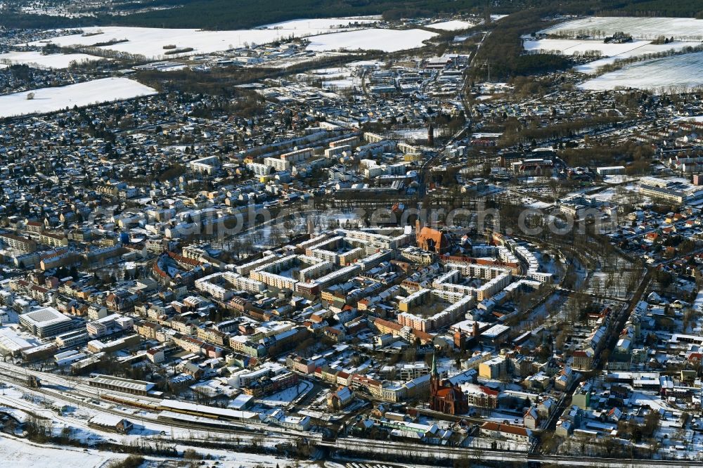 Bernau from above - Wintry snowy old Town area and city center in Bernau in the state Brandenburg, Germany