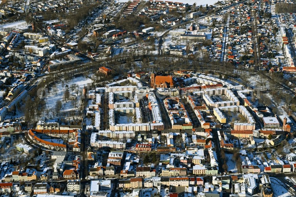 Aerial photograph Bernau - Wintry snowy old Town area and city center in Bernau in the state Brandenburg, Germany