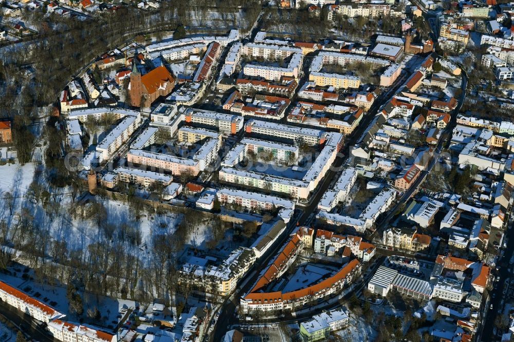 Bernau from above - Wintry snowy old Town area and city center in Bernau in the state Brandenburg, Germany