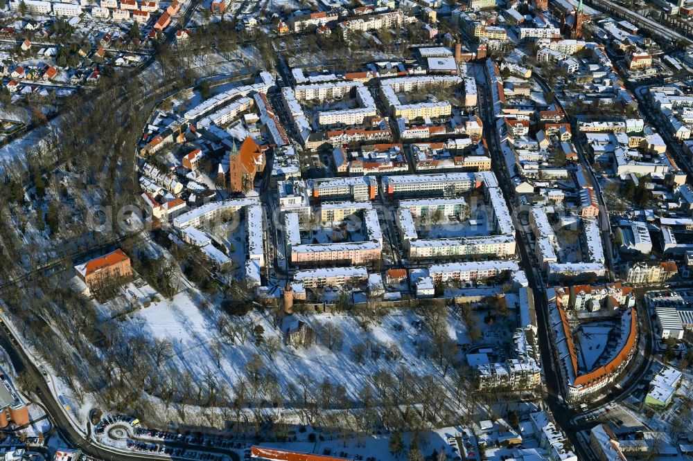 Aerial image Bernau - Wintry snowy old Town area and city center in Bernau in the state Brandenburg, Germany