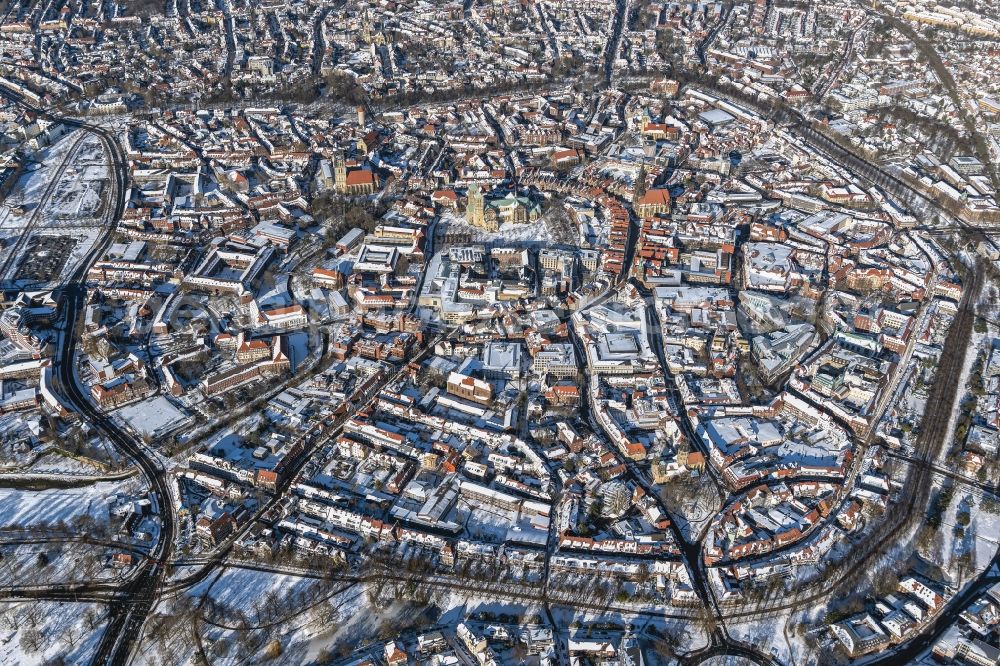 Aerial image Münster - Wintry snowy old Town area and city center in Muenster in the state North Rhine-Westphalia, Germany