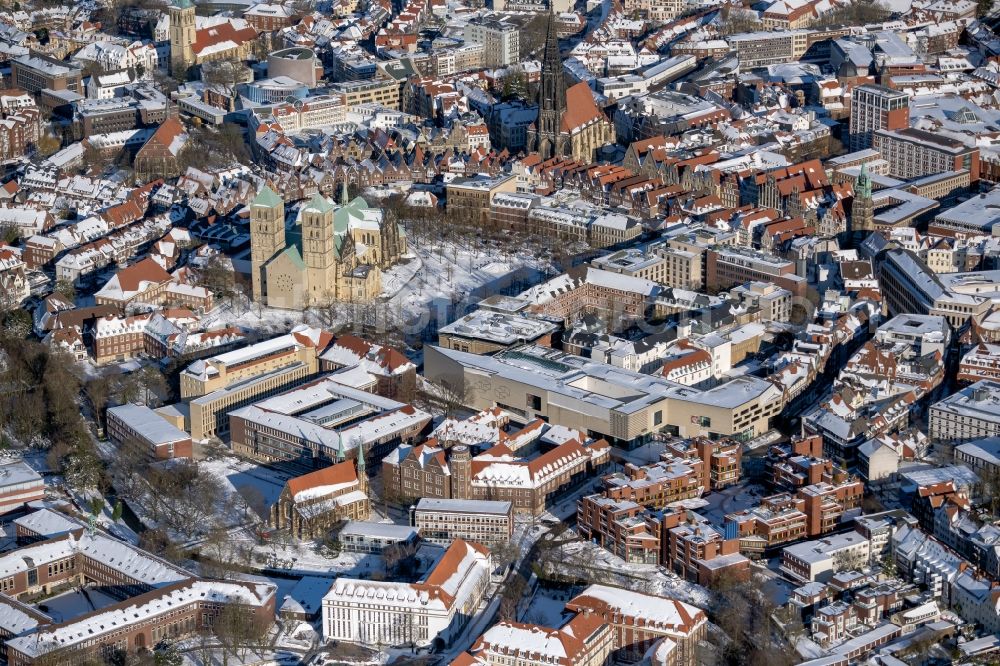 Münster from above - Wintry snowy old Town area and city center in Muenster in the state North Rhine-Westphalia, Germany