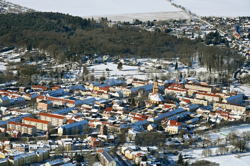 Templin from above - Wintry snowy old Town area and city center in Templin in the state Brandenburg, Germany