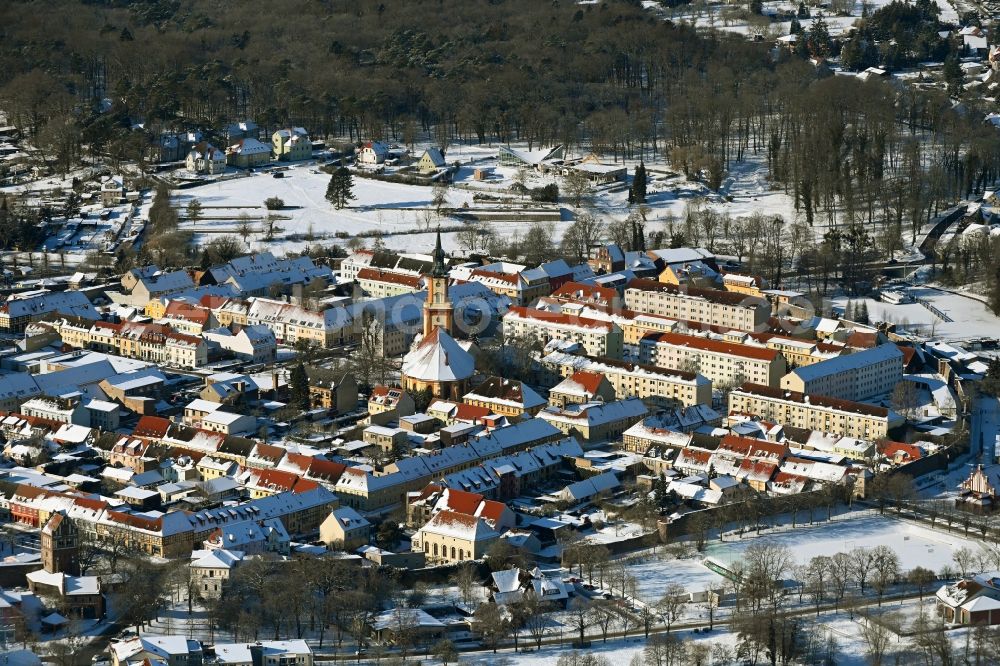 Aerial image Templin - Wintry snowy old Town area and city center in Templin in the state Brandenburg, Germany