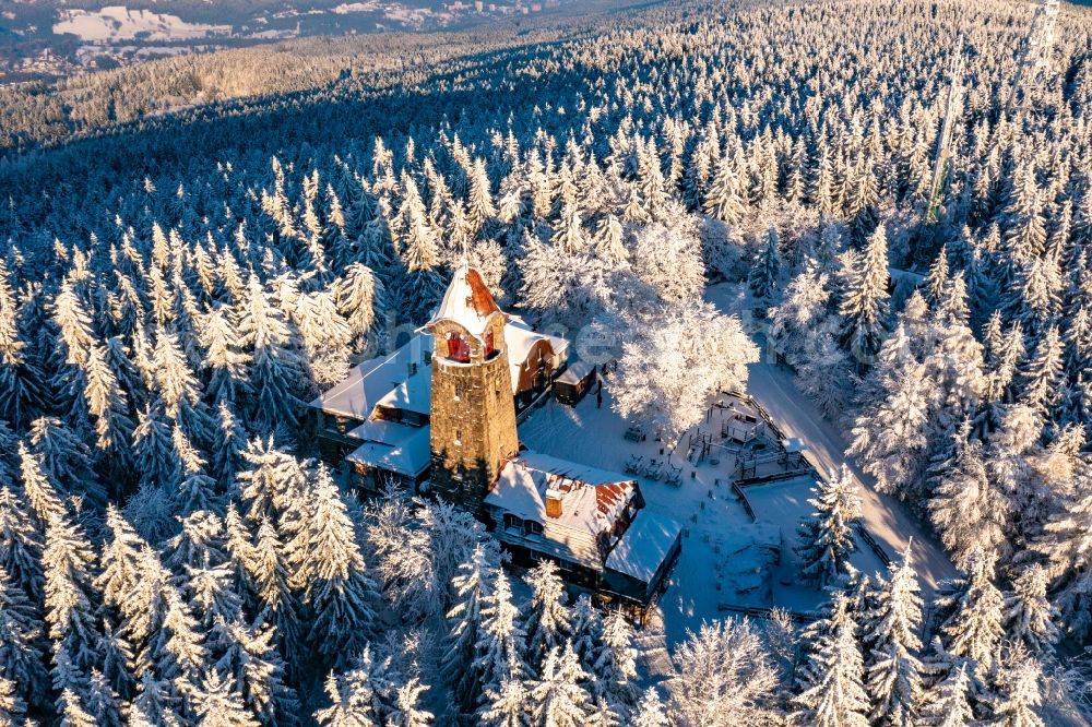 Aerial photograph Smrzovka - Wintry snowy structure of the observation tower on Cerna studnice - Schwarzbrunnkoppe in Smrzovka Jizera Mountains in Liberecky kraj, Czech Republic