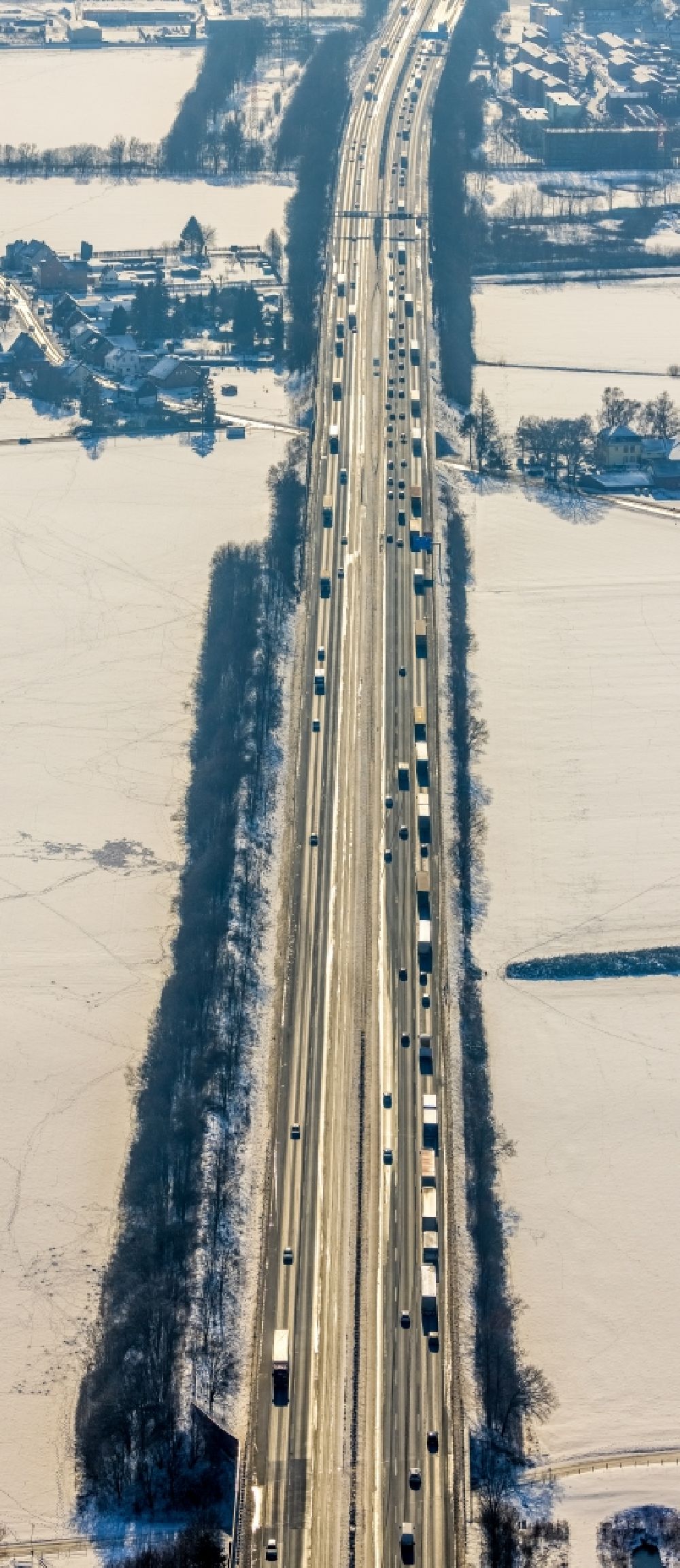 Unna from above - Wintry snowy highway route A1 in in Unna at Ruhrgebiet in the state North Rhine-Westphalia, Germany