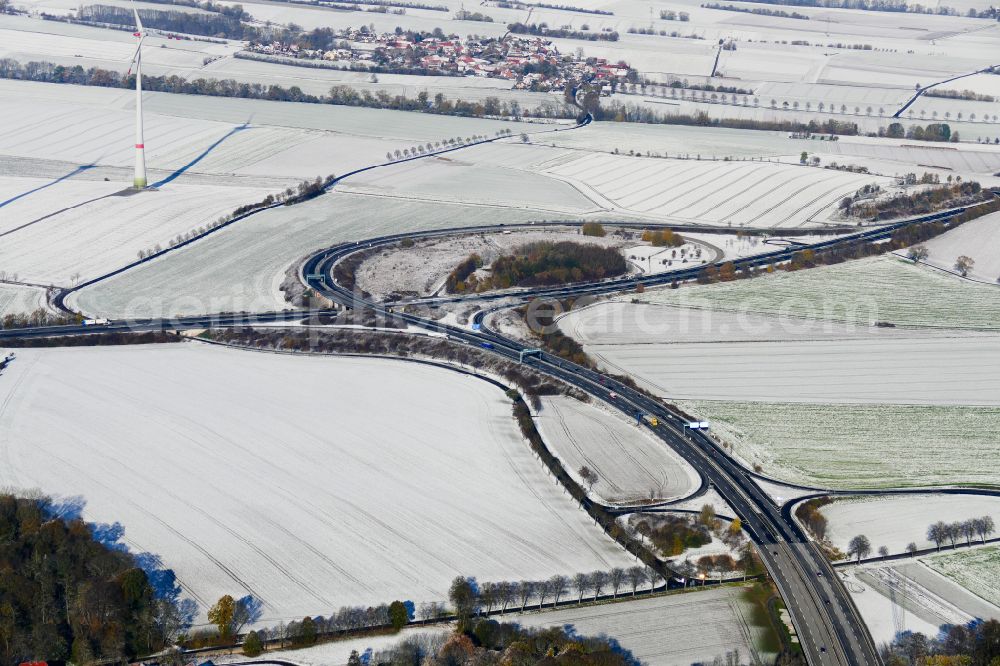 Aerial image Rosdorf - Wintry snowy highway triangle the federal motorway A 7 / A 38 in Rosdorf in the state Lower Saxony