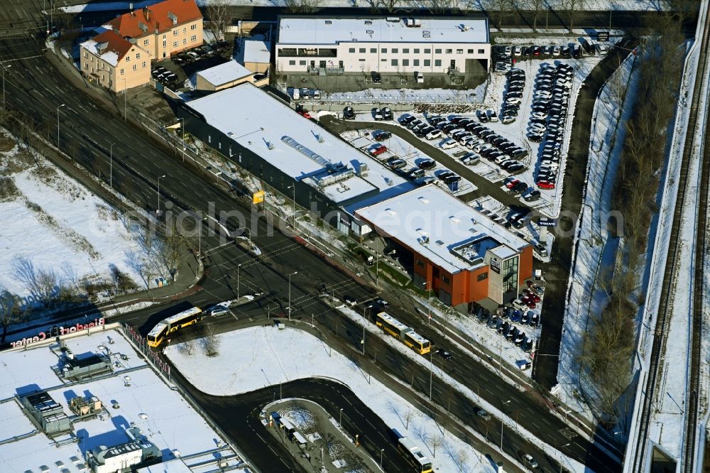 Aerial photograph Berlin - Wintry snowy car dealership of the car of Koch Gruppe Automobile AG Alt-Biesdorf in the district Biesdorf in Berlin, Germany