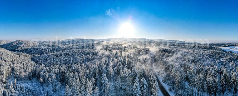 Aerial image Kappel-Grafenhausen - Wintry snowy treetops in a wooded area in Gegenlicht i in the state Baden-Wuerttemberg, Germany