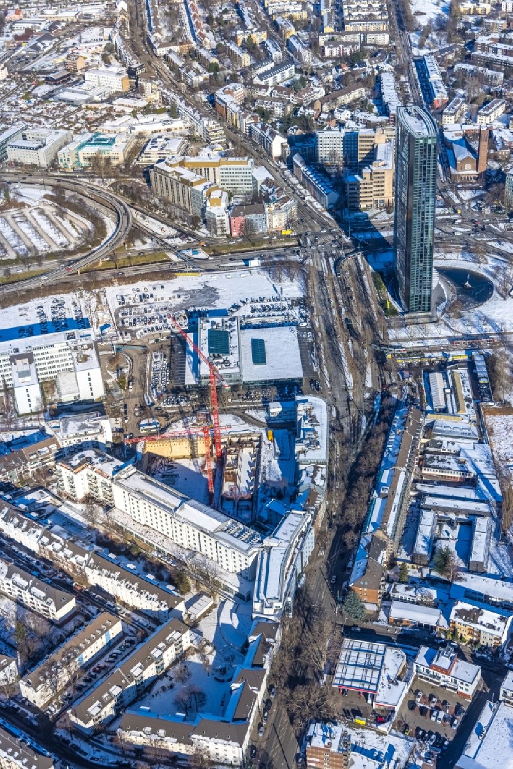 Düsseldorf from above - Wintry snowy construction site for new high-rise building complex of UpperNord Tower on Mercedesstrasse in the district Duesseltal in Duesseldorf in the state North Rhine-Westphalia, Germany