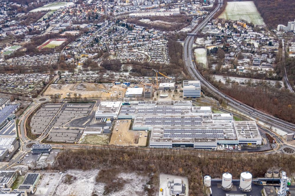 Aerial image Dortmund - Wintry snowy construction site for the new building WILO Campus Dortmund with demolition work on Nortkirchenstrasse in the district Hoerde in the district Hoerde in Dortmund at Ruhrgebiet in the state North Rhine-Westphalia, Germany