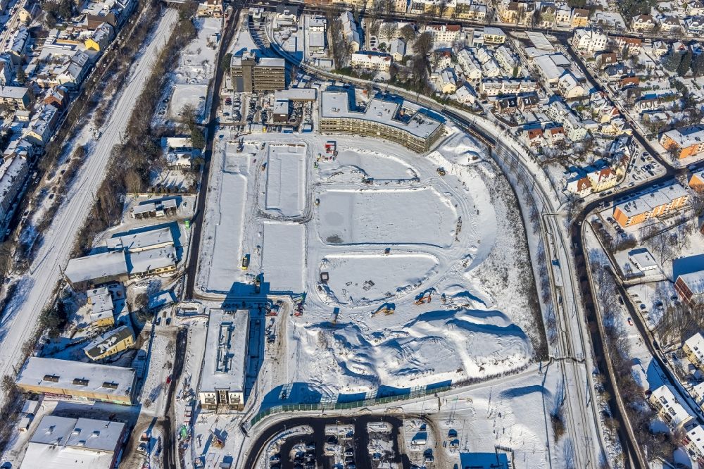 Aerial photograph Dortmund - Wintry snowy construction site for the multi-family residential building Wohnen on Hombrucher Bogen in the district Zechenplatz in Dortmund in the state North Rhine-Westphalia, Germany