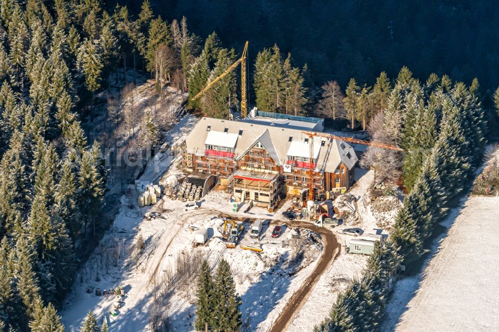 Aerial photograph Günterstal - Wintry snowy construction for the reconstruction Berghaus Schauinsland in Guenterstal in the state Baden-Wurttemberg, Germany