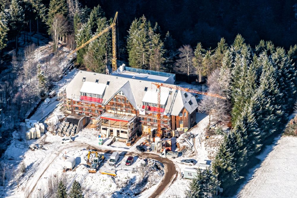 Günterstal from the bird's eye view: Wintry snowy construction for the reconstruction Berghaus Schauinsland in Guenterstal in the state Baden-Wurttemberg, Germany