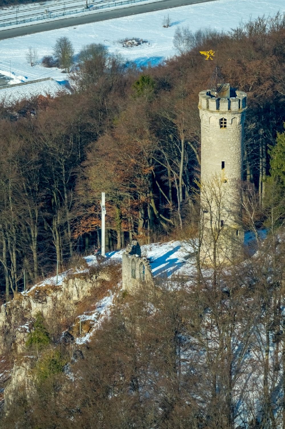 Aerial image Marsberg - Wintry snowy structure of the observation tower Bilsteinturm in Marsberg in the state North Rhine-Westphalia
