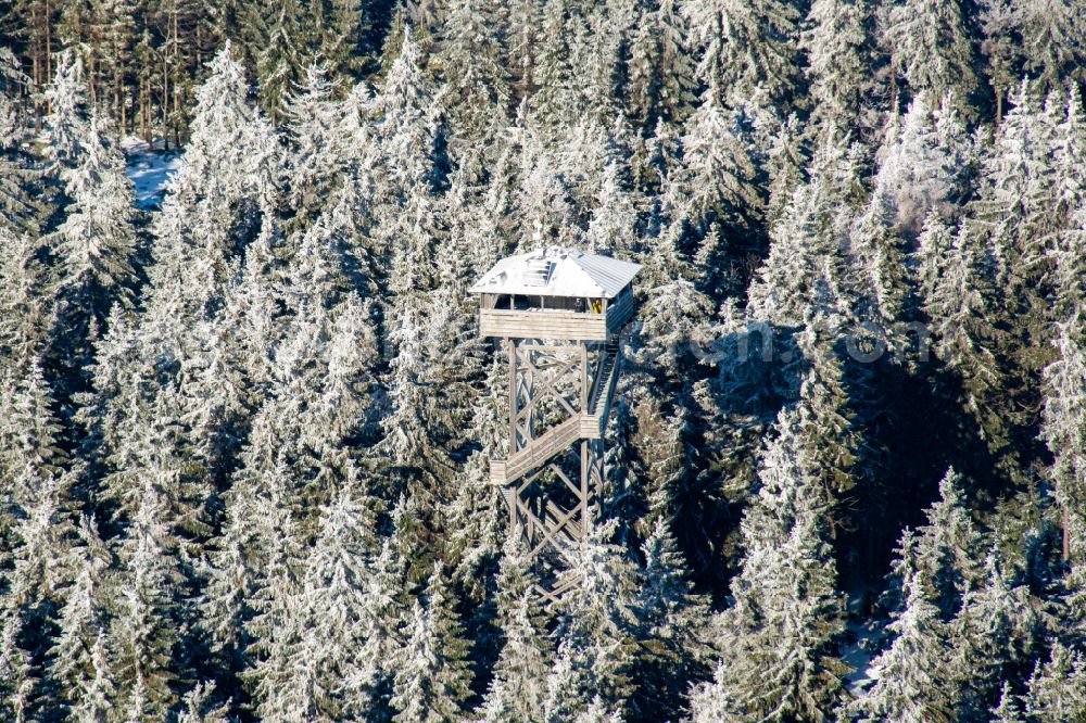 Aerial photograph Waldershof - Wintry snowy structure of the observation tower Oberpfalzturm on street Platten-Weg in Waldershof Steinwald in the state Bavaria, Germany