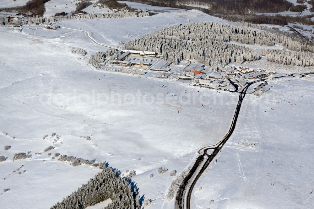 Aerial photograph Ehrenberg (Rhön) - Wintry snowy valley landscape surrounded by mountains on Wasserkuppe in Ehrenberg (Rhoen) at the Rhoen in the state Hesse, Germany
