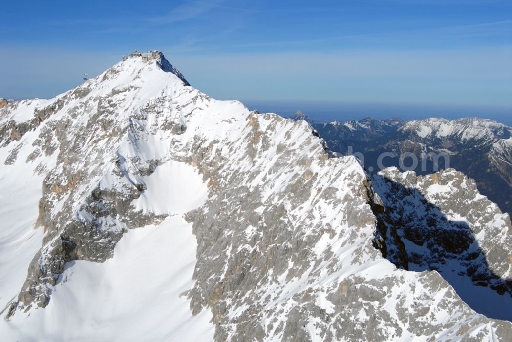 Aerial photograph Garmisch-Partenkirchen - Wintry snowy station of the new cable car to the summit of the Zugspitze near Garmisch-Partenkirchen in the state Bavaria, Germany