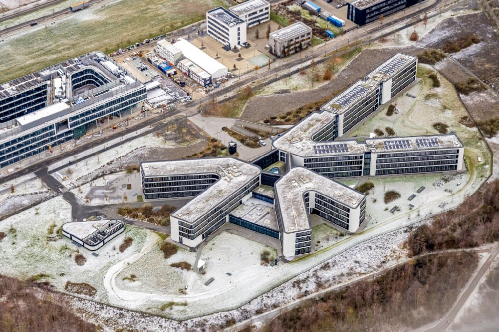 Aerial photograph Dortmund - Wintry snowy office and commercial building of Amprion GmbH on Robert-Schuman-Strasse in the district Hoerde in Dortmund at Ruhrgebiet in the state North Rhine-Westphalia