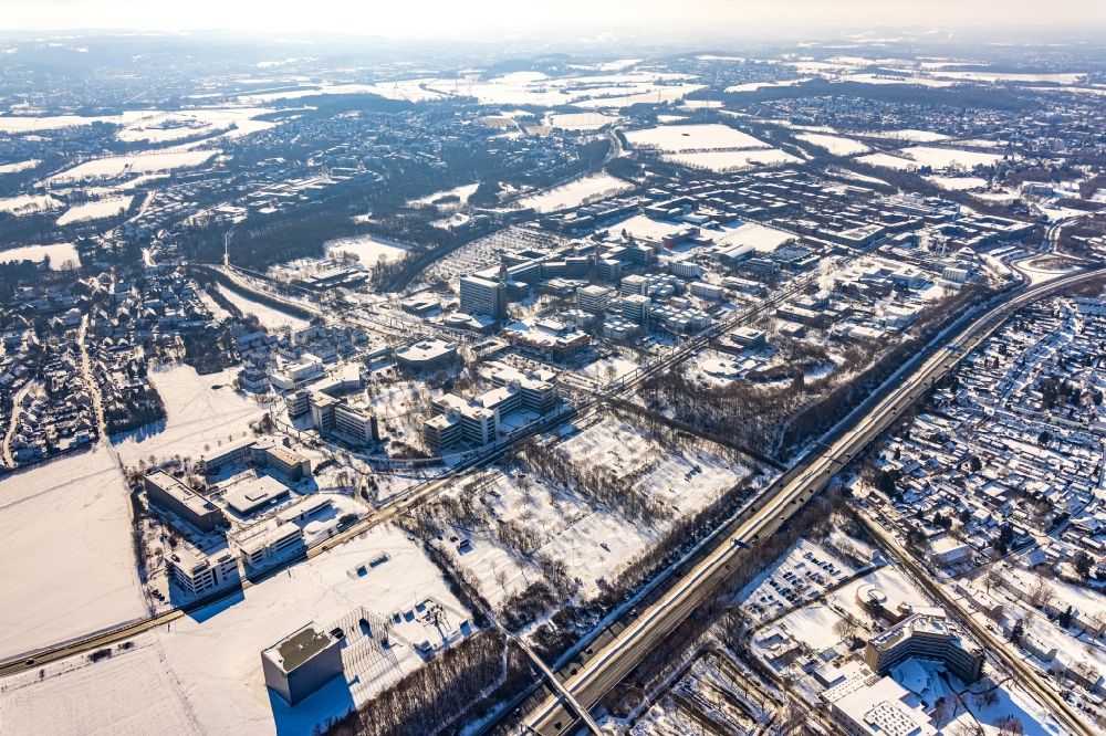 Aerial image Dortmund - Wintry snowy campus building of the technical university Dortmund. Campus North student union 2 in Dortmund at Ruhrgebiet in the state North Rhine-Westphalia