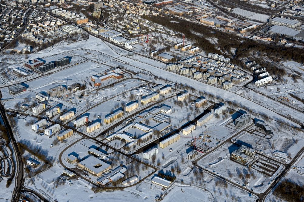 Aerial image Würzburg - Wintry snowy campus Hubland North of the university Wuerzburg in the district Frauenland in Wuerzburg in the state Bavaria, Germany
