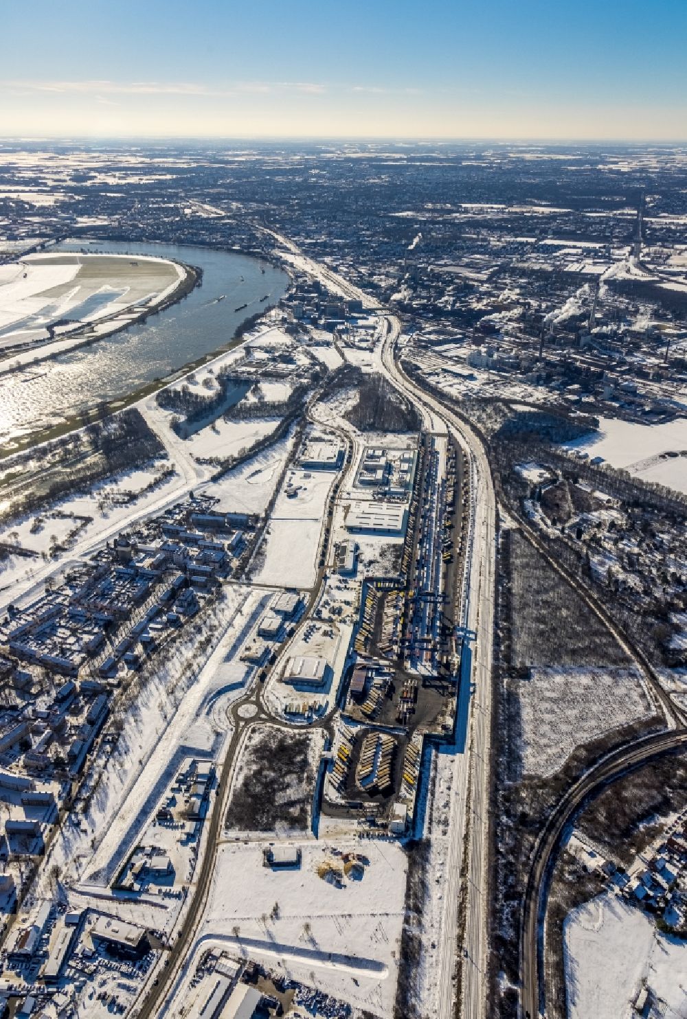 Aerial image Duisburg - Wintry snowy container terminal center in Duisburg at Ruhrgebiet in the state North Rhine-Westphalia, Germany