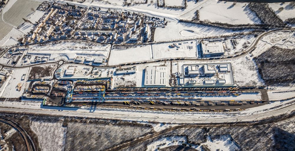 Duisburg from above - Wintry snowy container terminal center in Duisburg at Ruhrgebiet in the state North Rhine-Westphalia, Germany