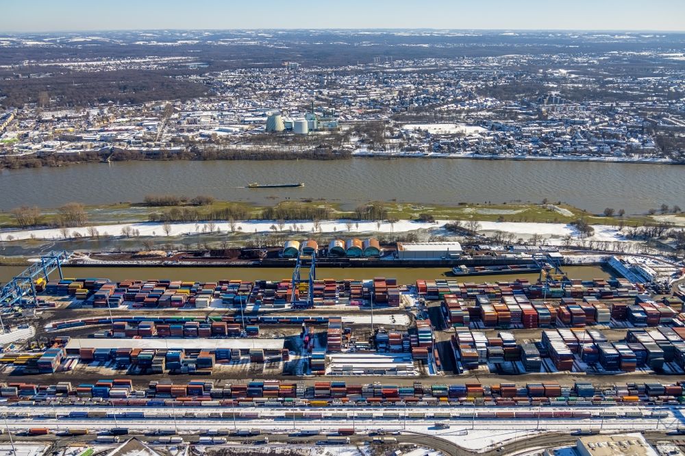 Aerial photograph Duisburg - Wintry snowy container Terminal in the port of the inland port of DIT Duisburg Intermodal Terminal GmbH on Gaterweg in Duisburg at Ruhrgebiet in the state North Rhine-Westphalia