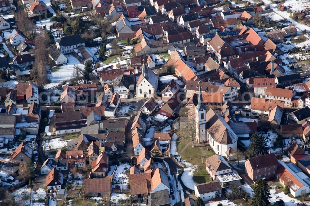 Aerial image Göcklingen - Wintry snowy Village view in Goecklingen in the state Rhineland-Palatinate, Germany
