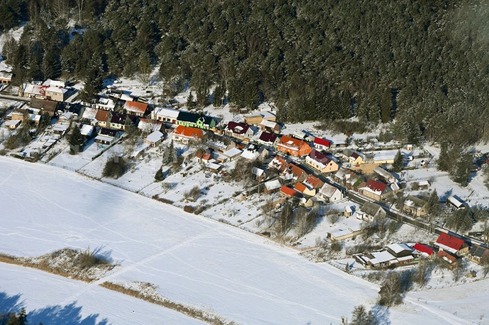 Groß Dölln from above - Wintry snowy village - view on the edge of forested areas in Gross Doelln in the state Brandenburg, Germany