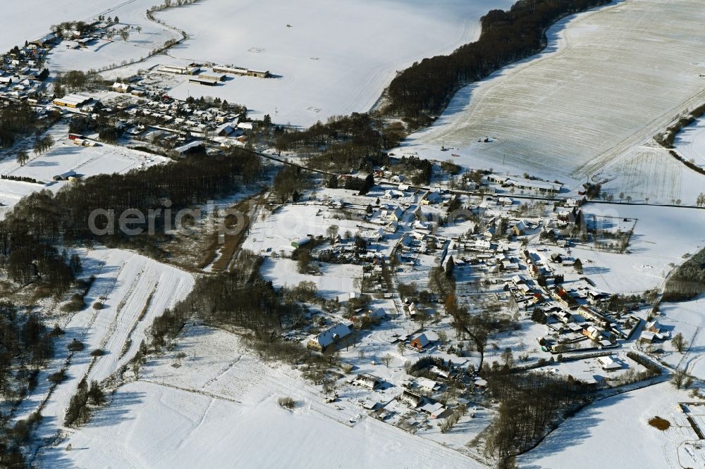 Groß Teetzleben from above - Wintry snowy agricultural land and field boundaries surround the settlement area of the village in the district Klein Teetzleben in Gross Teetzleben in the state Mecklenburg - Western Pomerania, Germany
