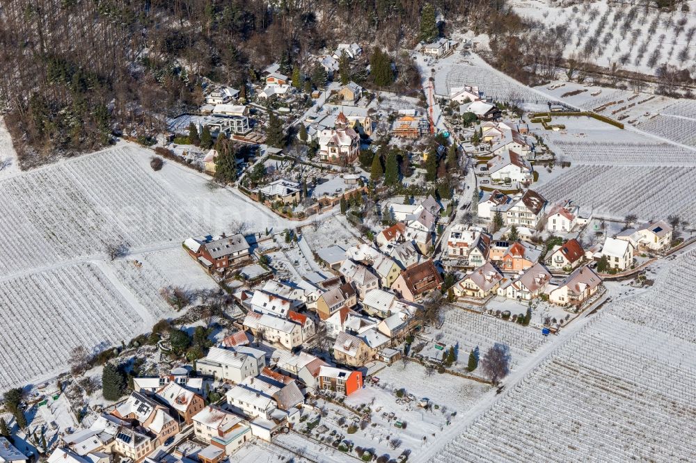 Aerial image Weyher in der Pfalz - Wintry snowy village on the edge of vineyards and wineries in the wine-growing area in Weyher in der Pfalz in the state Rhineland-Palatinate, Germany