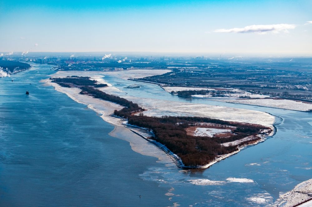 Wedel from above - Winter ice drift along the Elbe island Hanskalbsand of the Elbe river course in the Wedel district in Hamburg, Germany