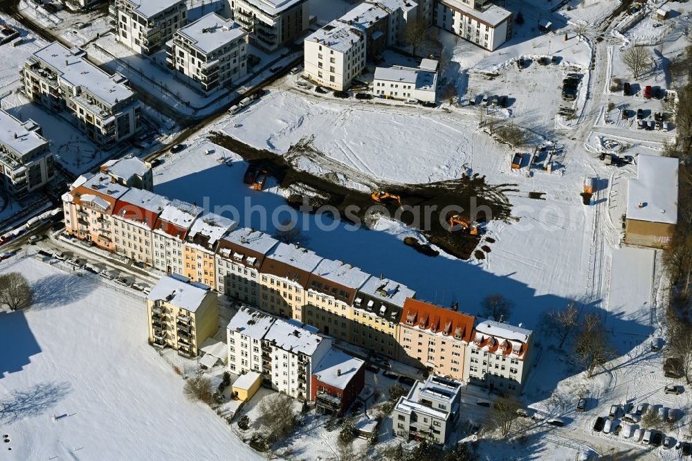 Aerial image Rostock - Wintry snowy development area of industrial wasteland on Neue Bleicherstrsse in Rostock in the state Mecklenburg - Western Pomerania, Germany