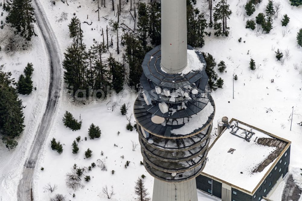 Sasbachwalden from above - Wintry snowy television Tower of Suedwestrundfunk Sender Hornisgrinde on Hornisgrinoftrasse in Sasbachwalden in the state Baden-Wurttemberg, Germany