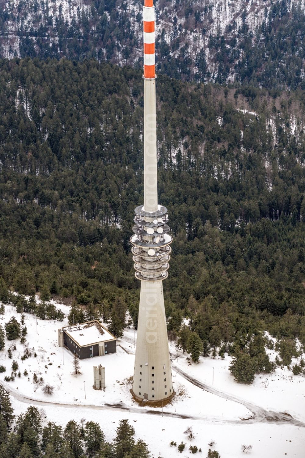 Aerial image Sasbachwalden - Wintry snowy television Tower of Suedwestrundfunk Sender Hornisgrinde on Hornisgrinoftrasse in Sasbachwalden in the state Baden-Wurttemberg, Germany