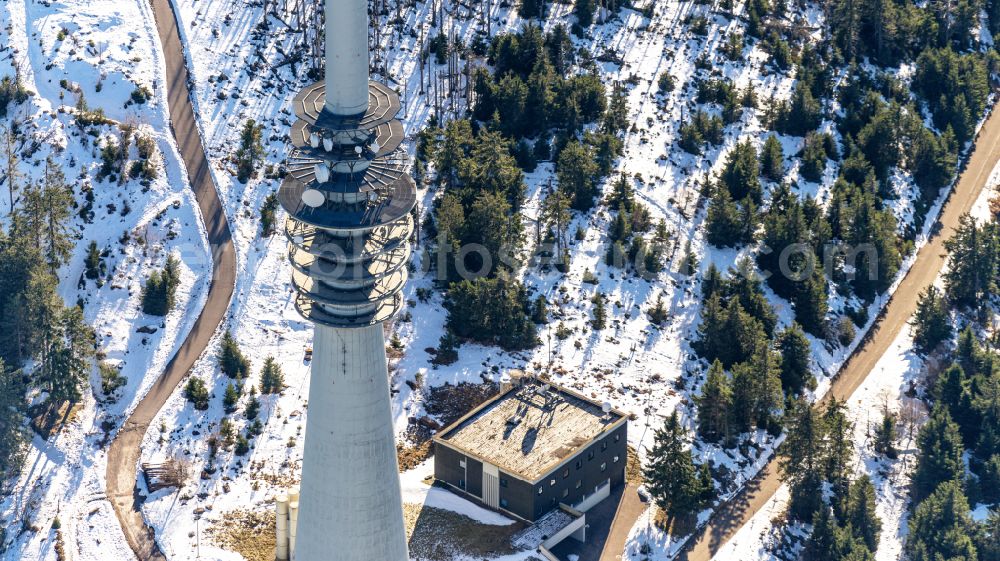 Sasbachwalden from the bird's eye view: Wintry snowy television Tower of Suedwestrundfunk Sender Hornisgrinde on Hornisgrinoftrasse in Sasbachwalden in the state Baden-Wurttemberg, Germany