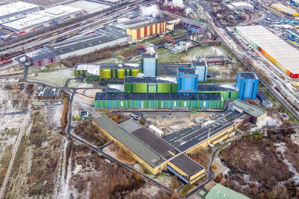 Dortmund from the bird's eye view: Wintry snowy hot-dip coating plant of thyssenkrupp Steel Europe AG at the Westfalenhuette in Dortmund in the Ruhr area in the state of North Rhine-Westphalia, Germany