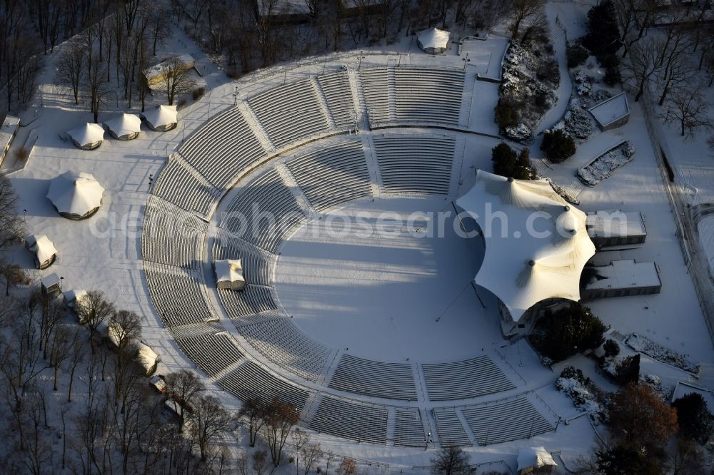 Aerial image Berlin - Wintry snowy Construction of the building of the open-air theater Kindl-Buehne Wuhlheide in Berlin in Germany