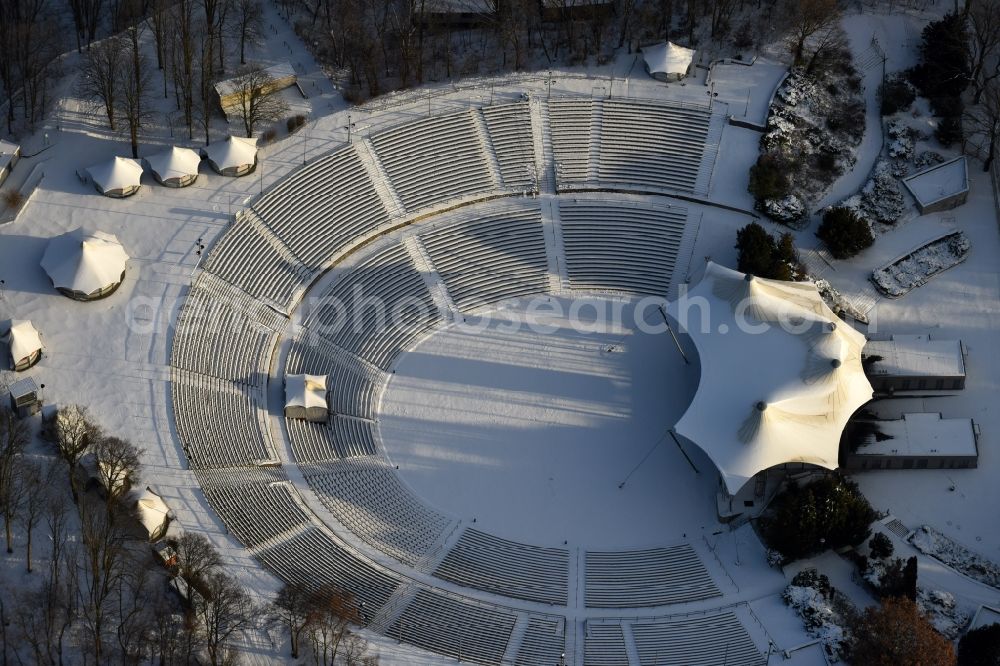 Aerial photograph Berlin - Wintry snowy Construction of the building of the open-air theater Kindl-Buehne Wuhlheide in Berlin in Germany