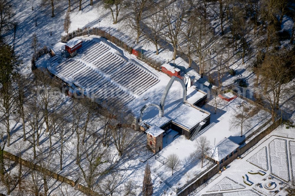 Aerial image Marburg - Wintry snowy construction of the building of the open-air theater Schlossparkbuehne Marburg in Marburg in the state Hesse, Germany
