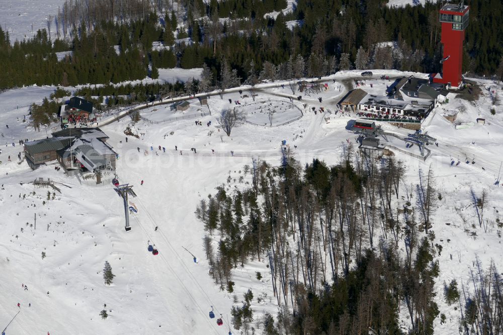 Braunlage from above - Wintry snowy sport- and Leisure Centre of ski- and toboggan run Wurmberg in the district Hohegeiss in Braunlage in the state Lower Saxony
