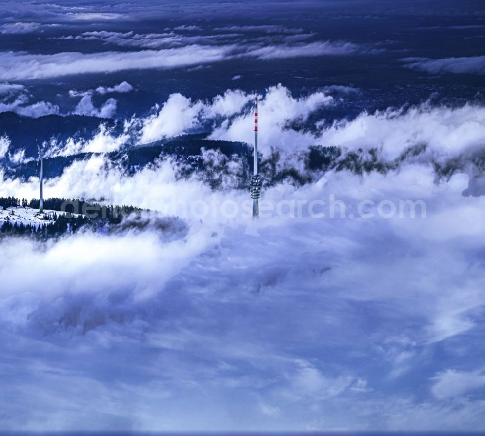 Aerial image Sasbachwalden - Wintry snowy radio tower and transmitter on the crest of the mountain range Hornisgrinde in Sasbachwalden in the state Baden-Wurttemberg, Germany