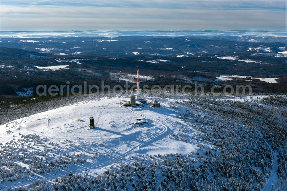 Aerial image Schierke - Wintry snowy radio tower and transmitter on the crest of the mountain range Brocken in Harz in Schierke in the state Saxony-Anhalt, Germany