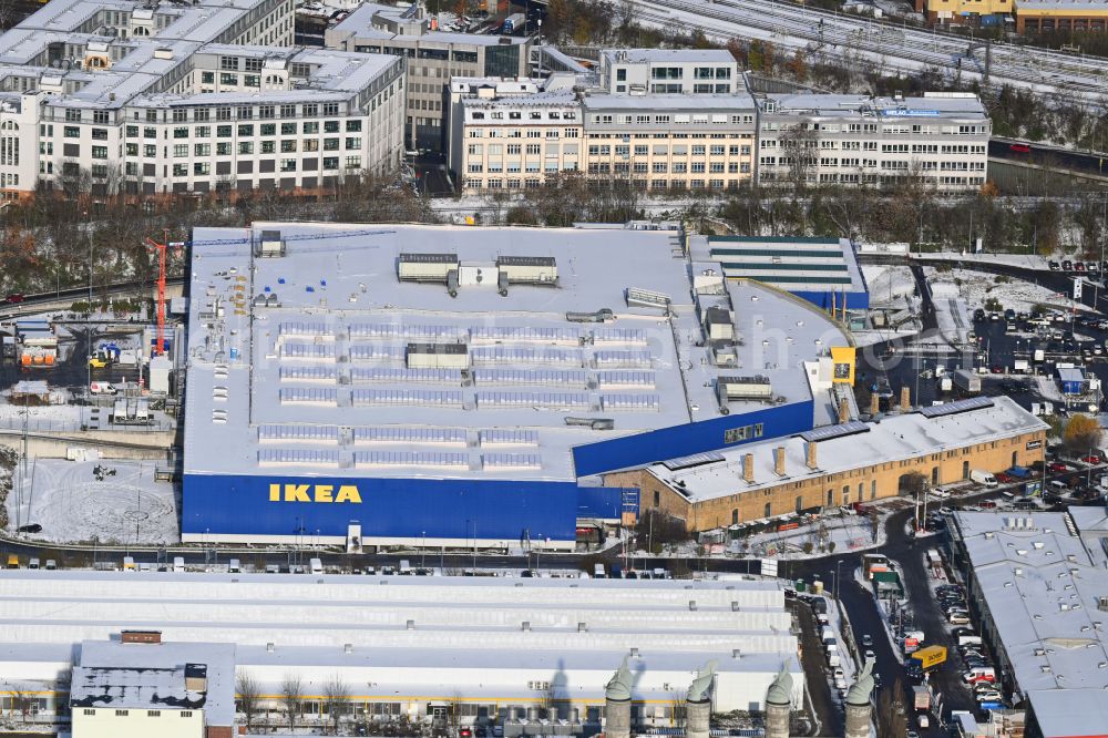 Aerial photograph Berlin - Wintry snowy building of the store - furniture market IKEA Moebel & Einrichtungshaus Berlin-Tempelhof on Sachsendonm in the district Tempelhof in Berlin, Germany