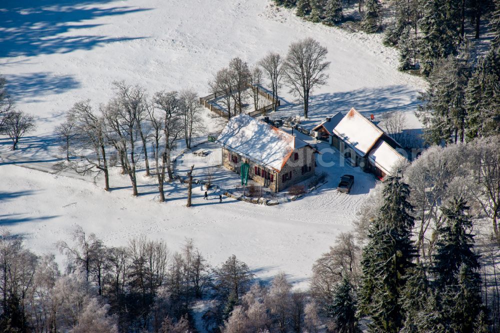 Aerial image Erbendorf - Wintry snowy building of the restaurant Waldhaus in Steinwald in Erbendorf in the state Bavaria, Germany