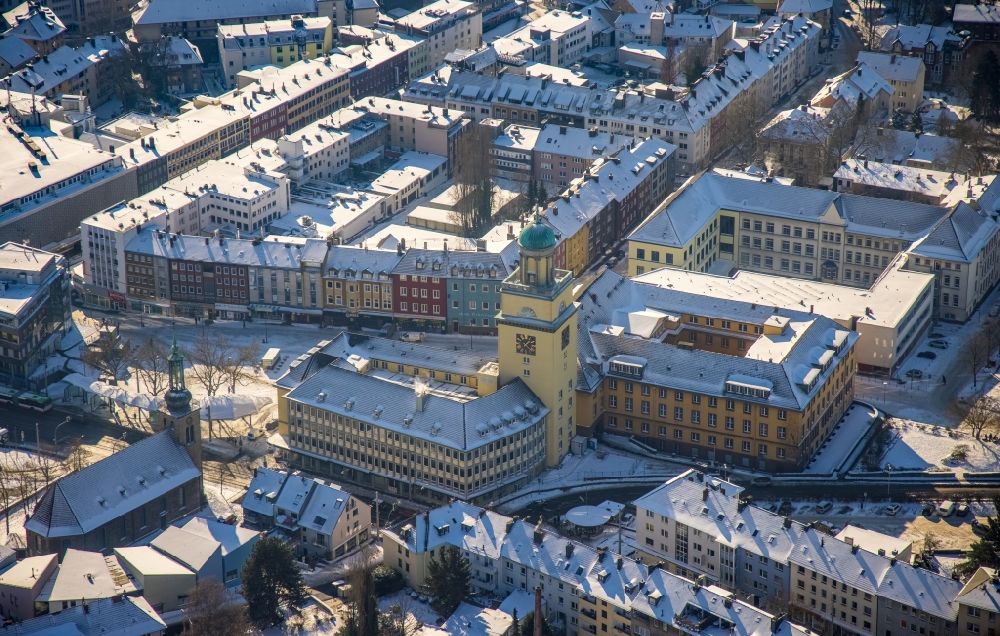 Aerial photograph Witten - Wintry snowy town Hall building of the city administration Witten in Witten at Ruhrgebiet in the state North Rhine-Westphalia, Germany