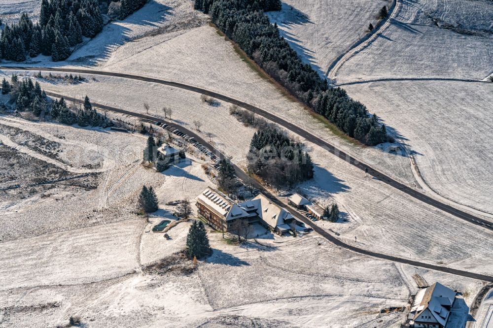 Aerial image Hofsgrund - Wintry snowy complex of the hotel building the Halde in Oberried in the state Baden-Wurttemberg, Germany